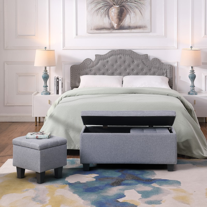 Tufted Fabric Storage Ottoman Bench, Ottoman Linen Bench - Set of 3