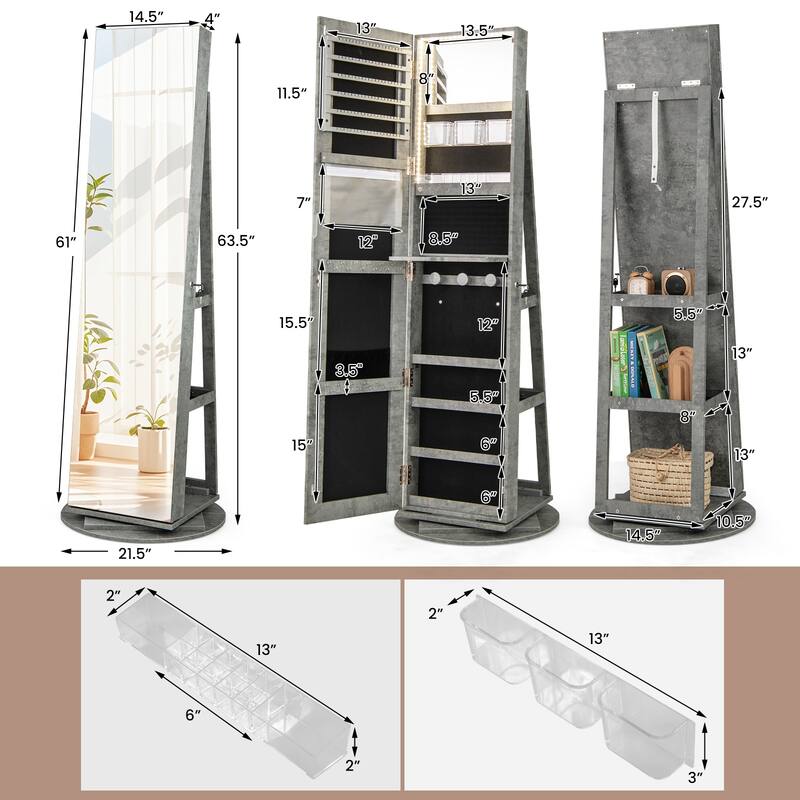 Gymax 360° Rotating Mirrored Jewelry Cabinet Armoire 3 Color LED Modes