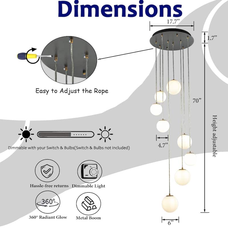 18'' 8-Light Modern White Opal Glass Staircase Chandelier Globe Bubble Glass Pendant In Matte Black For Foyer Entryway - W18''