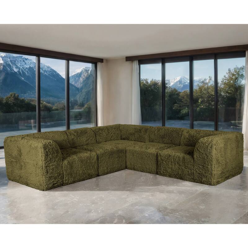 Furniture of America Ylena Modern 5-Piece Faux Fur Foam Modular Compressed Sectional Sofa - Olive Green