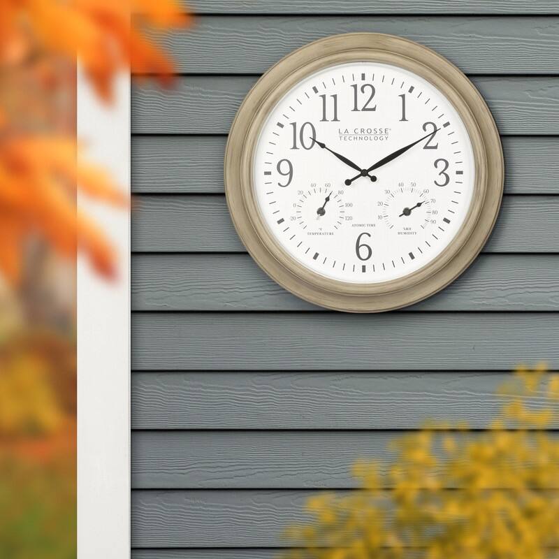 La Crosse 18 Inch Outdoor Tan Atomic Analog Temp Wall Clock, 404-18027