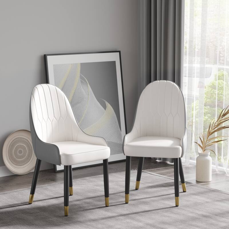 Modern 2 Piece PU Kitchen Dining Chair with Cushion, Solid Wood Metal Feet, Backrest for Dining Room Kitchen Living Room Bedroom - White