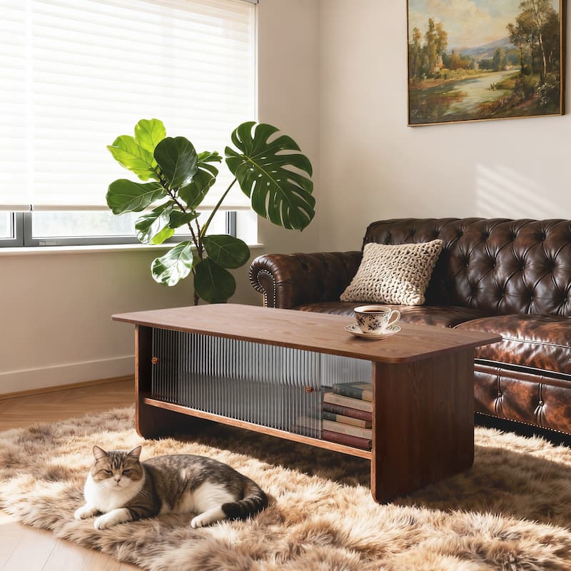 GDFStudio Velmorian Solid Wood Frame Coffee Table with Fluted Glass Sliding Doors and Storage Center