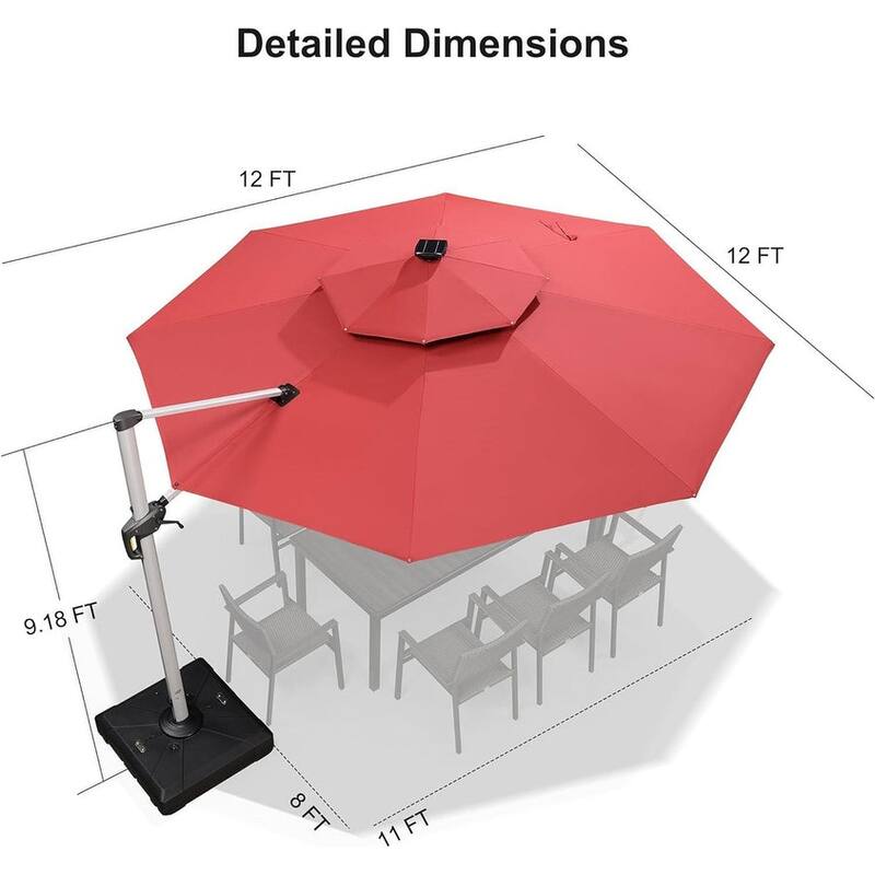 PURPLE LEAF Double Top 10/11/12ft Round Outdoor Patio Cantilever Umbrellas with Lights