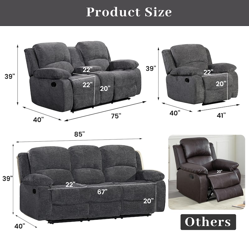 3PC Soft Microfiber Manual Reclining Sofa Set, Drop Down Table, Cupholder Console, Living Room Set