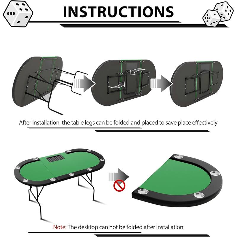 Oval Poker Table with Collapsible Legs, Casino Leisure Table for 10 Players,Stainless Steel Cup Holder