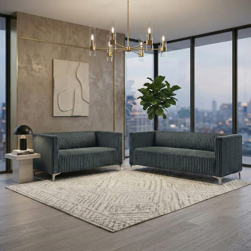 Clayfell Gavin 2-Piece Velvet Living Room Set with Loveseat and Sofa, Square Arm Design, Channel Tufted Upholstery - Grey