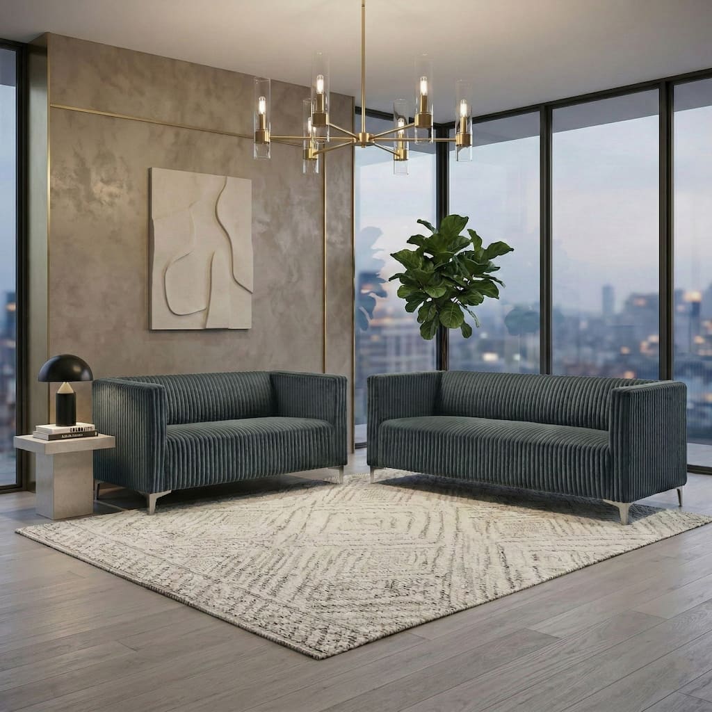 Clayfell Gavin 2-Piece Velvet Living Room Set with Loveseat and Sofa, Square Arm Design, Channel Tufted Upholstery