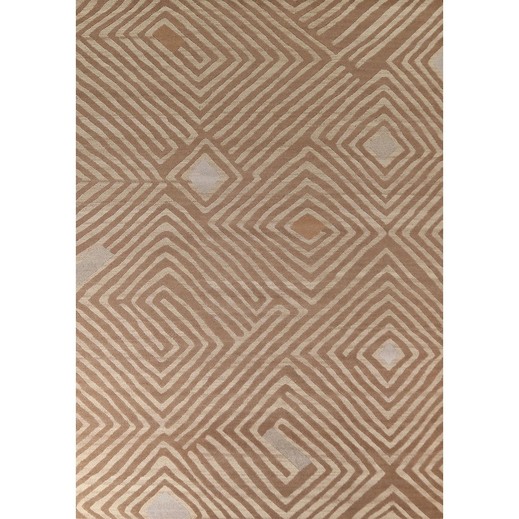 Geometric Modern Area Rug Hand-Knotted Oriental Wool Carpet - 8'11" x 11'8"