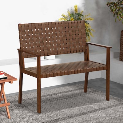 Outdoor All Weather Bench Patio Loveseat Bench w/Hand Woven PU Leather