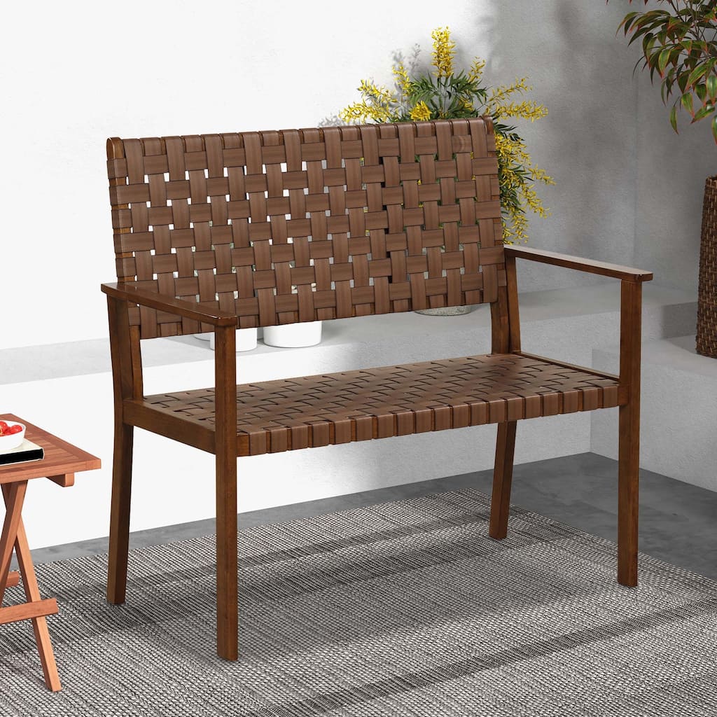 Outdoor All Weather Bench Patio Loveseat Bench w/Hand Woven PU Leather