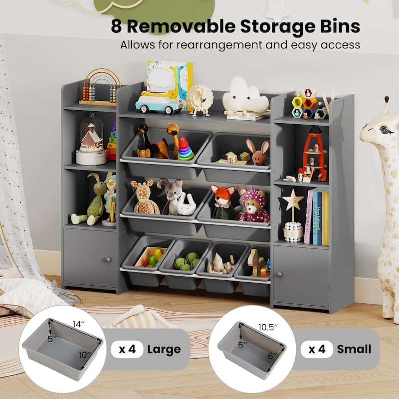 56" Kids Storage Shelf with 8 Removable Bins Rounded and Corners Anti-Tip Design - 56" x 12" x 39"