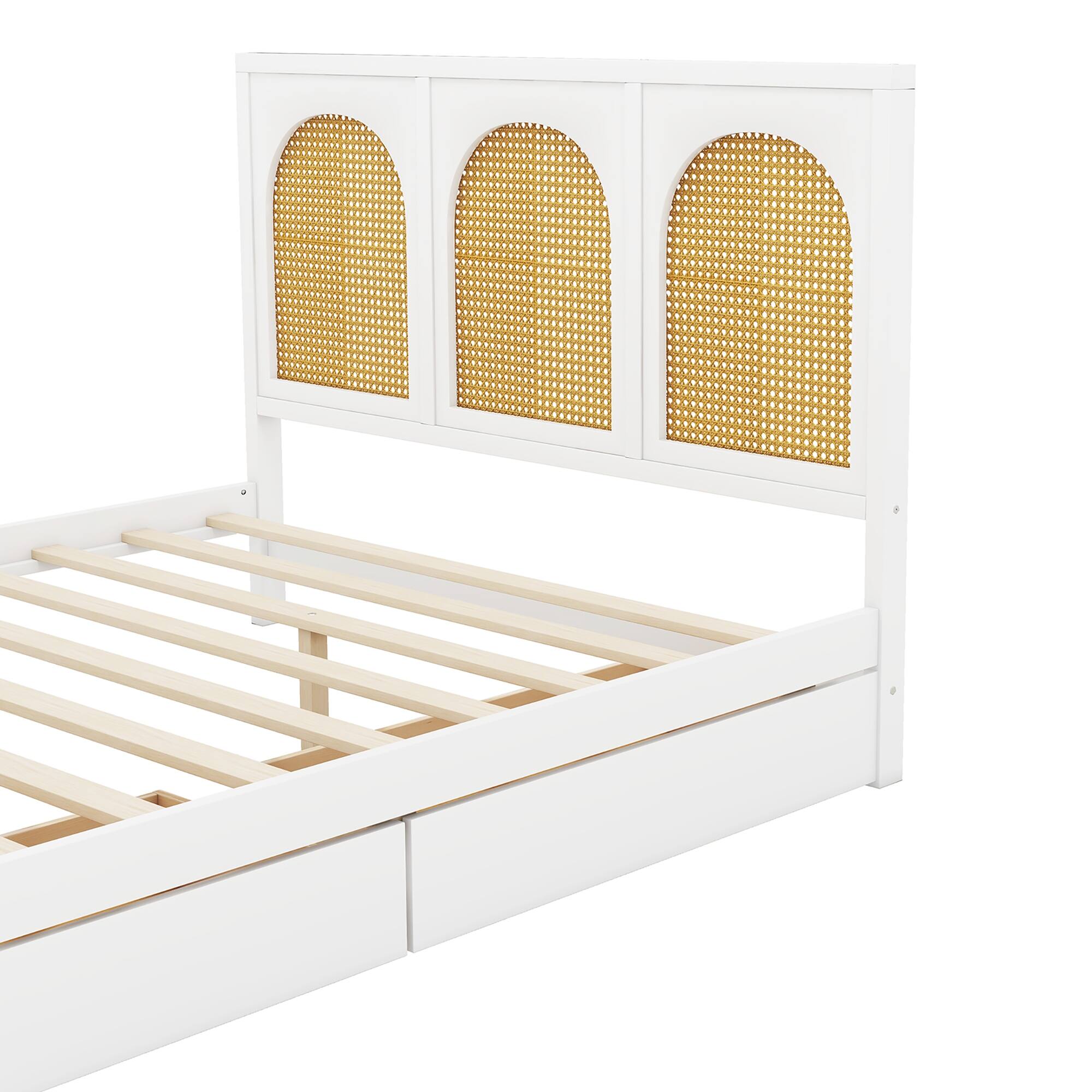 Full Size Wood Storage Platform Bed with 2 Drawers, Rattan Headboard and Footboard Bed Bath