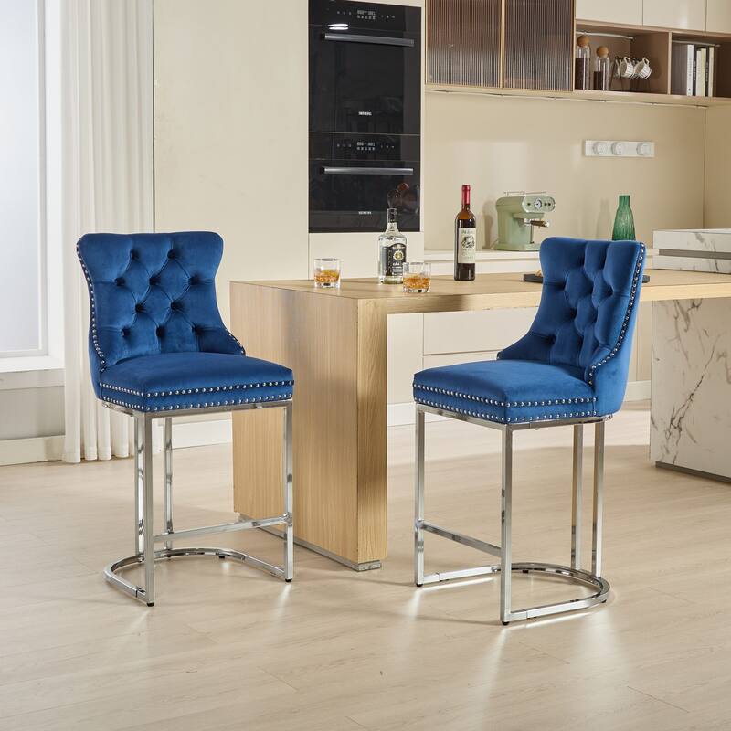 Counter Height Bar Stools Set of 2, Velvet Upholstered Accent Chairs with Button Back, Rivet Trim and Chromed Metal Base Legs