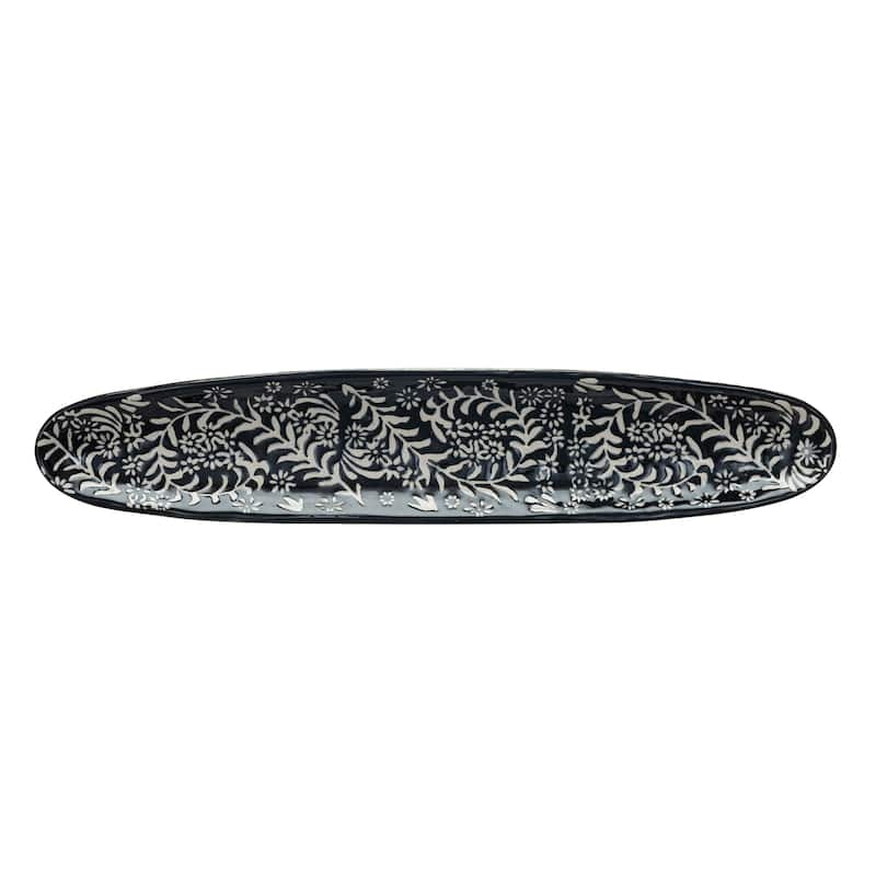 Stoneware Platter with Wax Relief Botanicals - Black