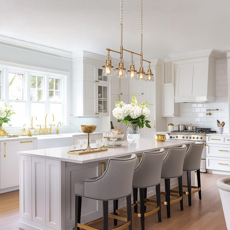 Modern Gold 5-Light Linear Chandelier Glass Kitchen Island Light - L 37.4" x W 5" x H 22.8"