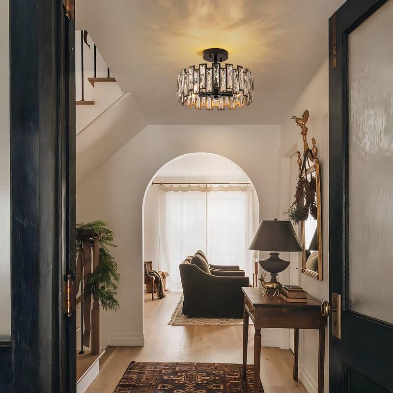 5-Light Mid-Century Modern Glam Cage Drum Crystal Semi-Flush Mount Ceiling Light