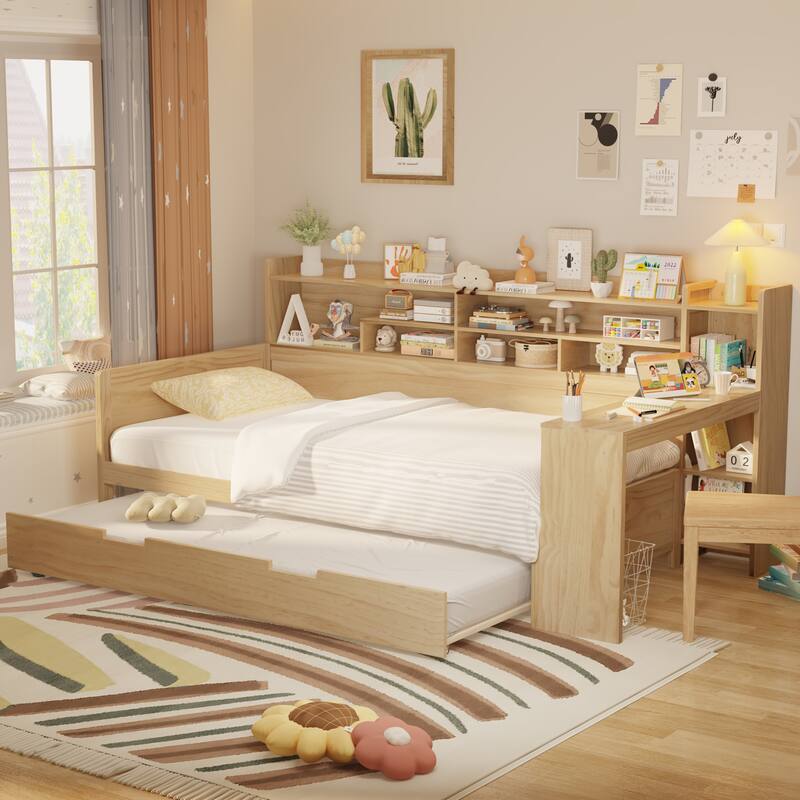Multifunctional Wooden Daybed with Storage Shelves, Trundle, and Study Desk by Harper&Bright Designs - Natural - Twin