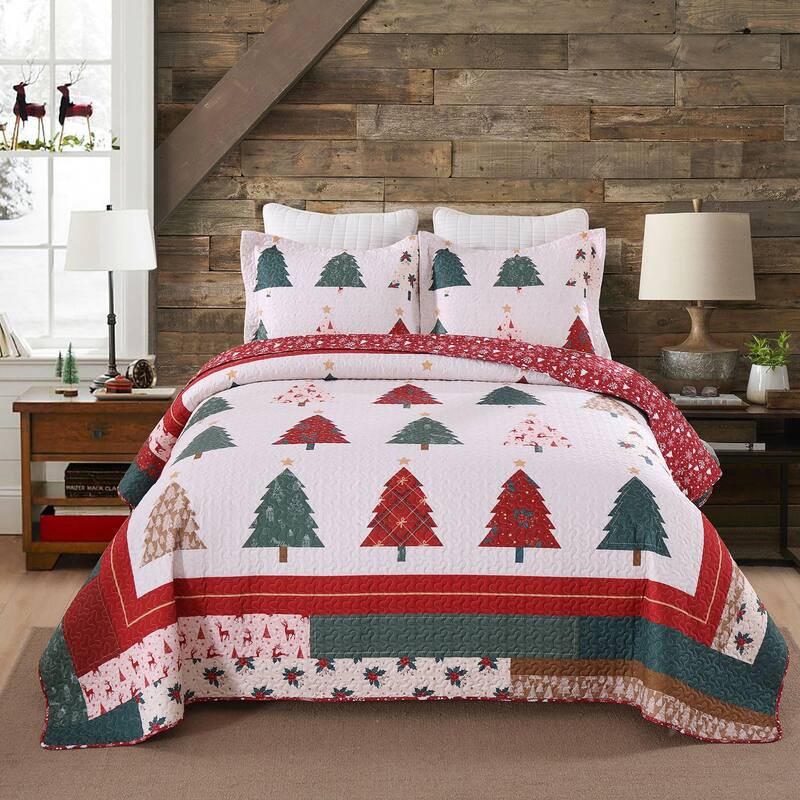 3 Pcs Festive Christmas Tree Quilt Bedspread Set - Festive Tree Red Green - Queen