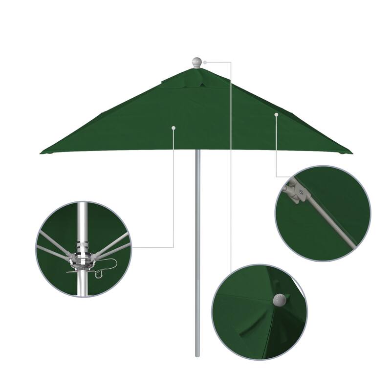 California Umbrella 6' Sq. Aluminum Frame, Fiberglass Rib Patio Umbrella, Push Open, Anodized Sliver Finish, Sunbrella Fabric