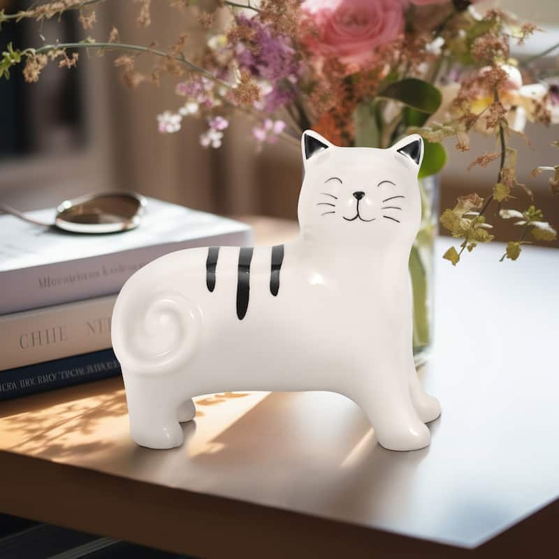 Sagebrook Home's Ceramic 7" Standing Kitty Figurine, Delightful Black and White Decor Piece - 7" x 3" x 7" - 7" x 3" x 7" - Striped Black/white