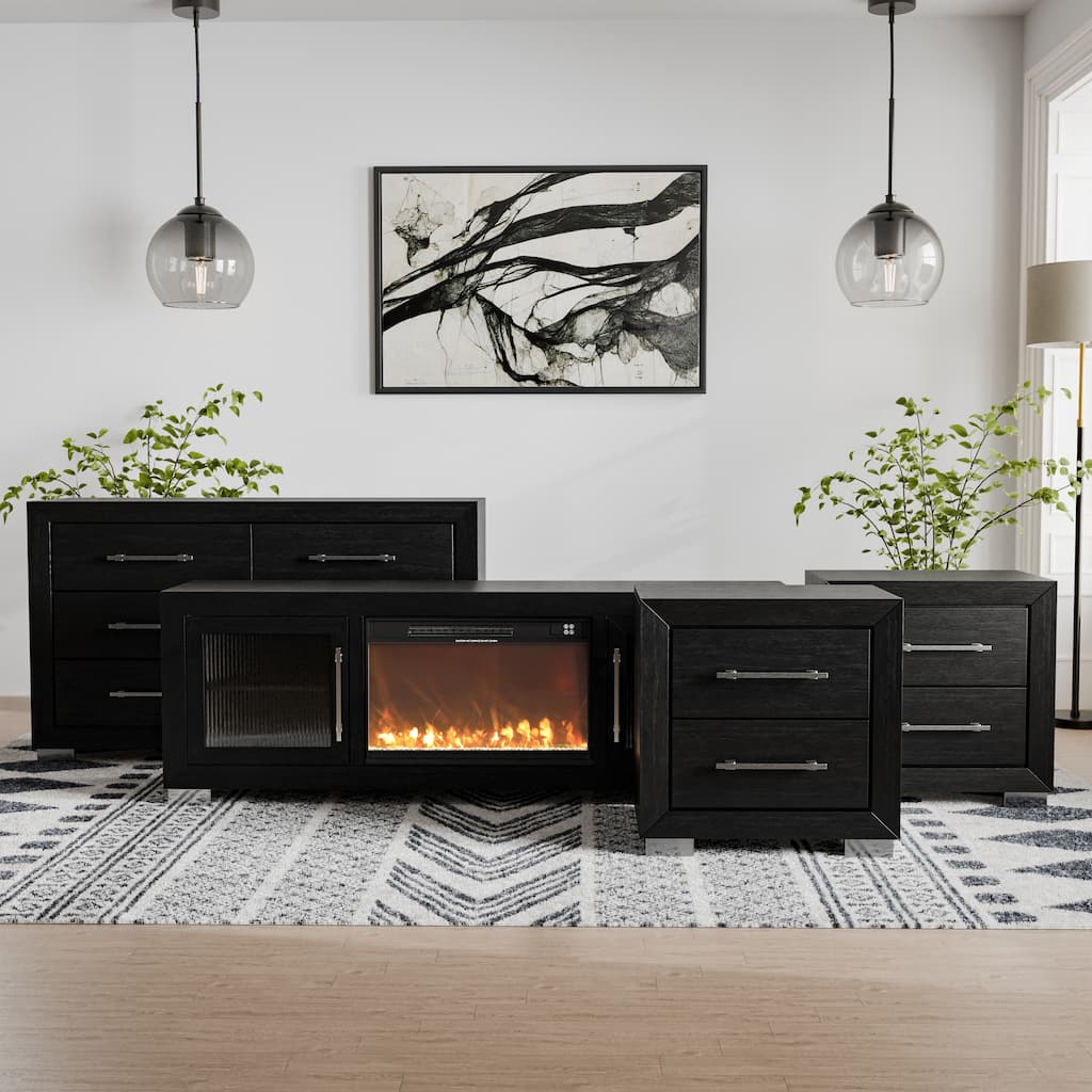 Furniture of America Alaric Modern Black Solid Wood 72-inch Fireplace TV Stand, Dresser and 2 Nightstands Bedroom Set