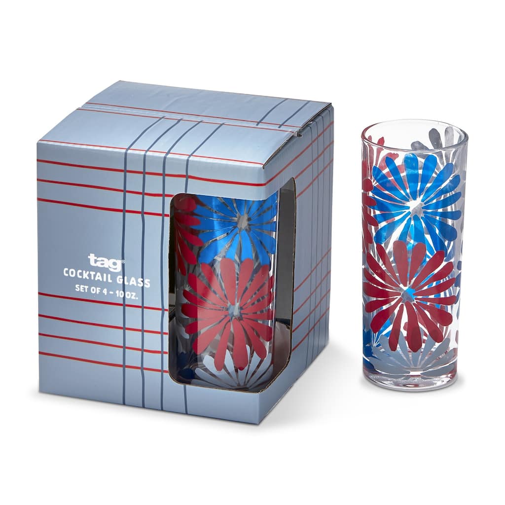 Set of 4 Very Groovy Clear Glass Drinkware Glassware with Large Bright Flowers, 10 oz.