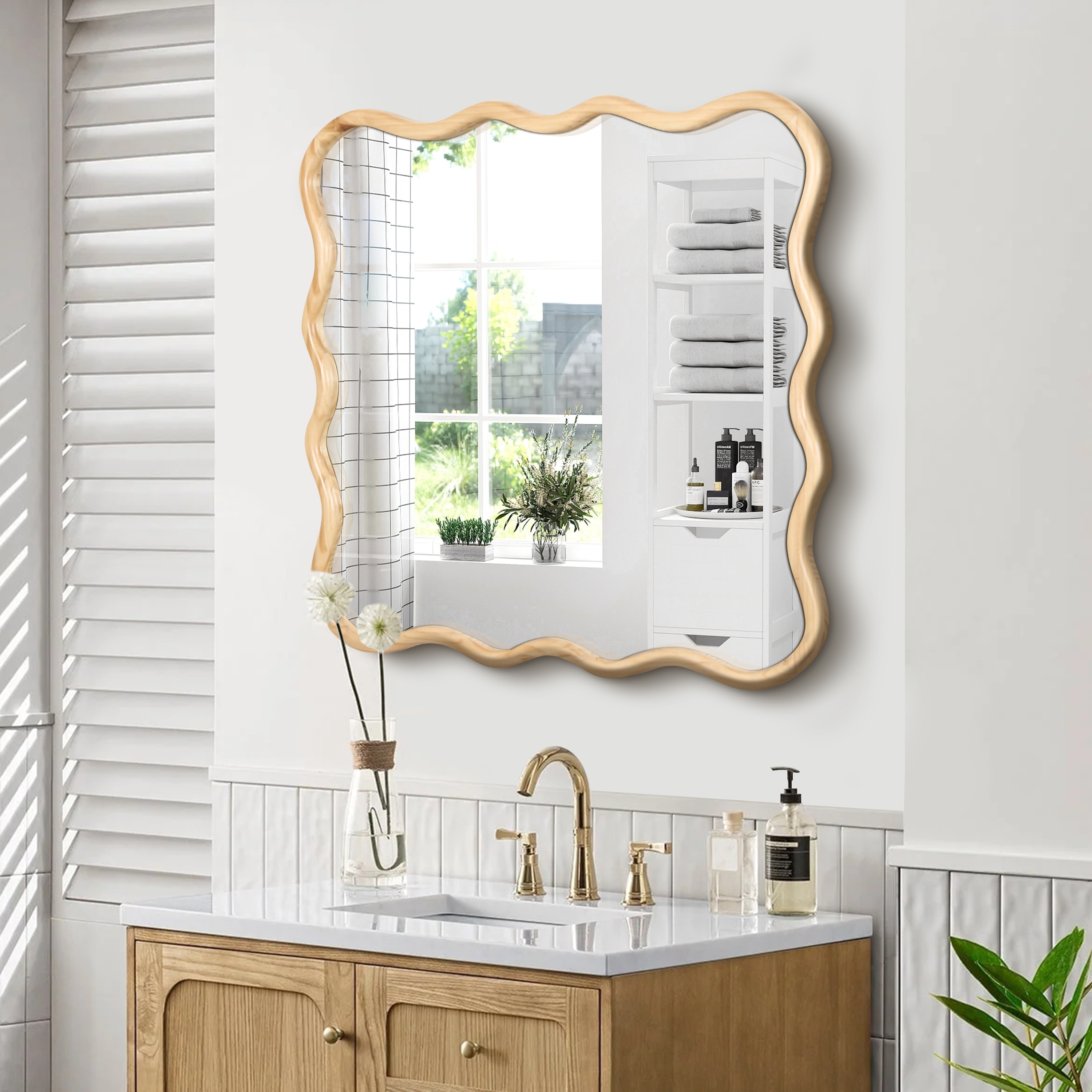 Solid Wood Wavy Square Mirror-Natural Wood 36
