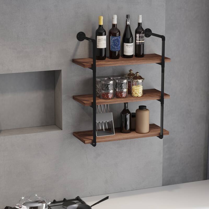 HOMCOM Industrial Pipe Style Shelf Multi-Tier Wall-Mounted Utility Bookcase Floating Storage Rack with Metal Frame, Rustic Brown