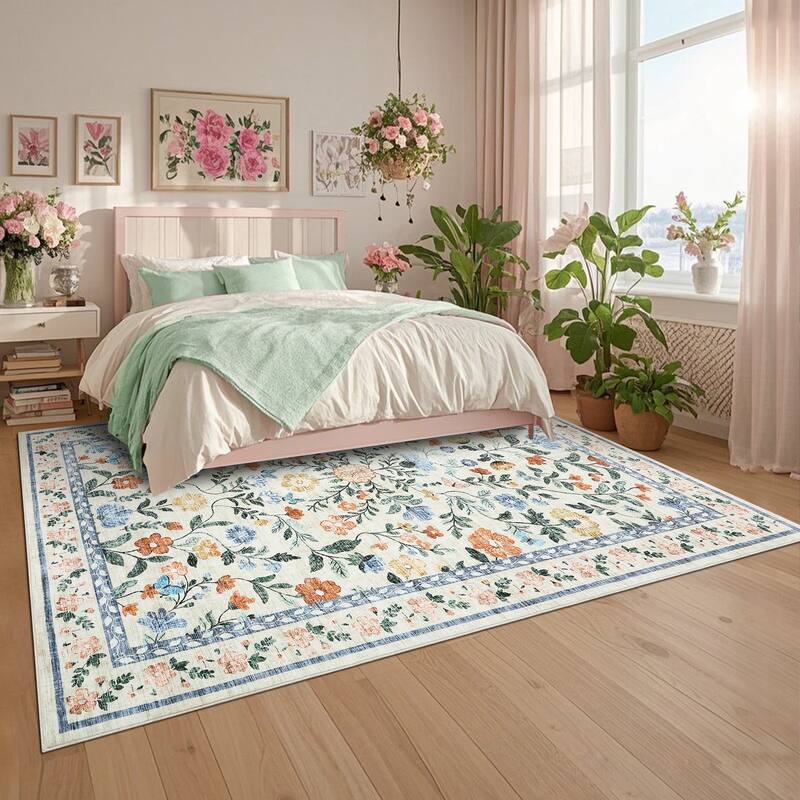 Living Room Rug Machine Washable Area Rug Non Slip Farmhouse Floral Rug Low Pile Soft Foldable Rugs