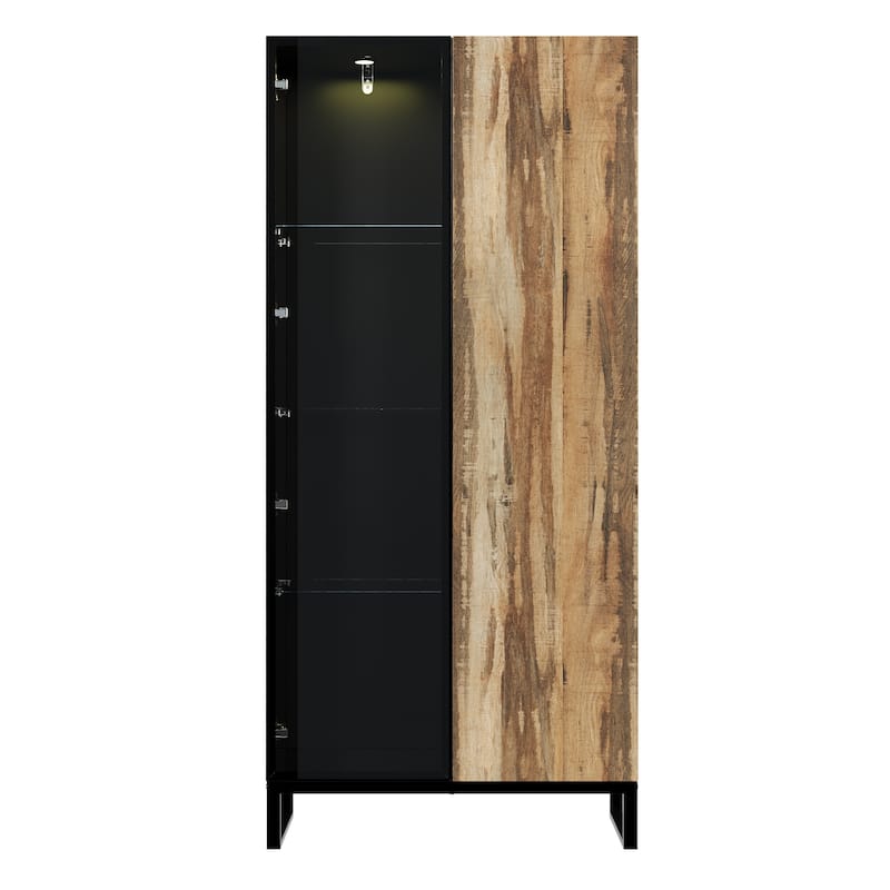 Glass Display Cabinet with LED Spotlight and Wood Grain Door Tall Aluminum Frame Curio Cabinet