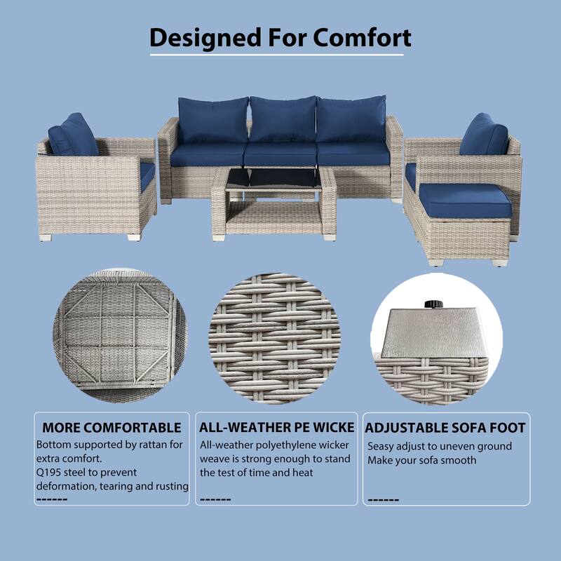 7-Piece Wicker Outdoor Sectional Set with Cushions and Table