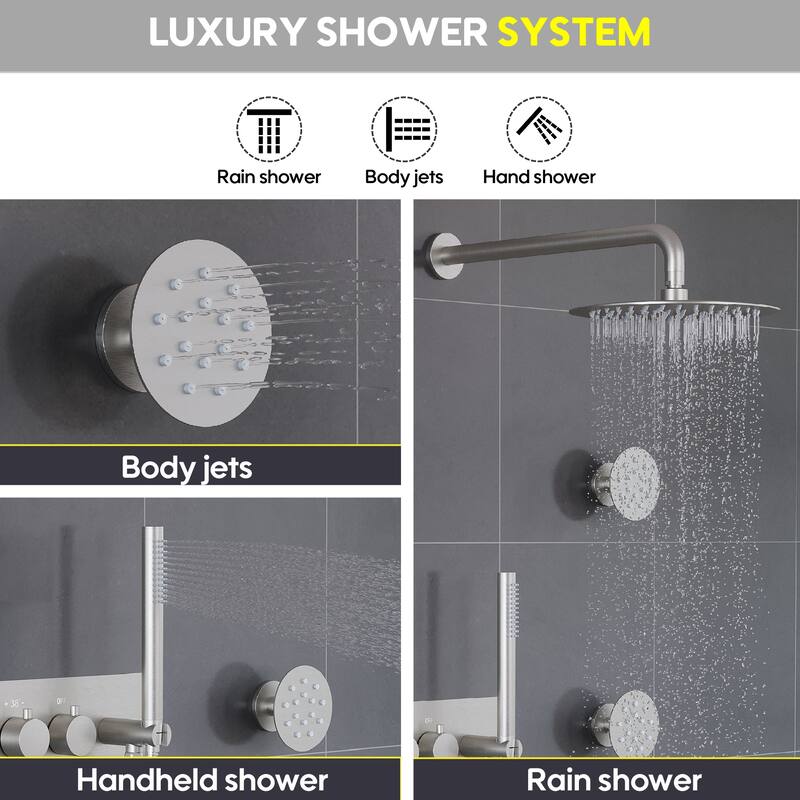 Thermostatic Shower System with 10" Ultra-Thin Round Shower Head,Body Jets And Hand Shower