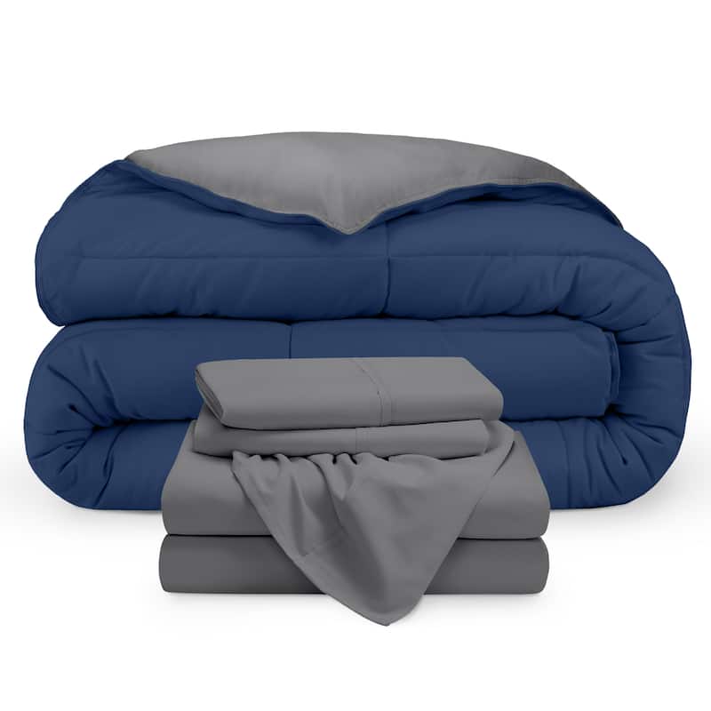 Bare Home Down Alternative Reversible Bed-in-a-Bag - Dark Blue/Grey, Sheets: Grey - California King