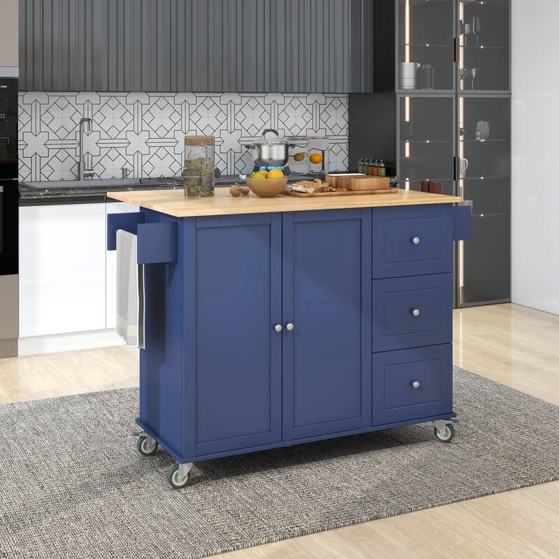 52.76'' Solid wood Kitchen Island with Locking Wheels, Drop Leaf, Adjustable Shelf and 3 Drawers - 52.76'' x 29.5'' x 36.81'' - Blue