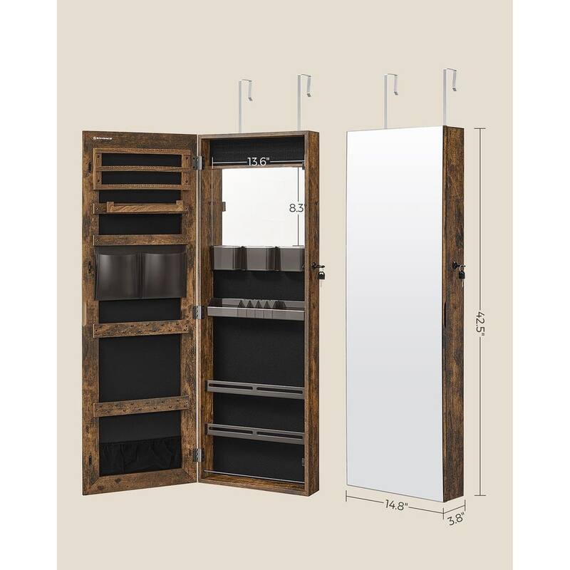 White Wooden Lockable Jewelry Cabinet Armoire with Mirror - 14.8”L x 3.8”W x 42.5”H