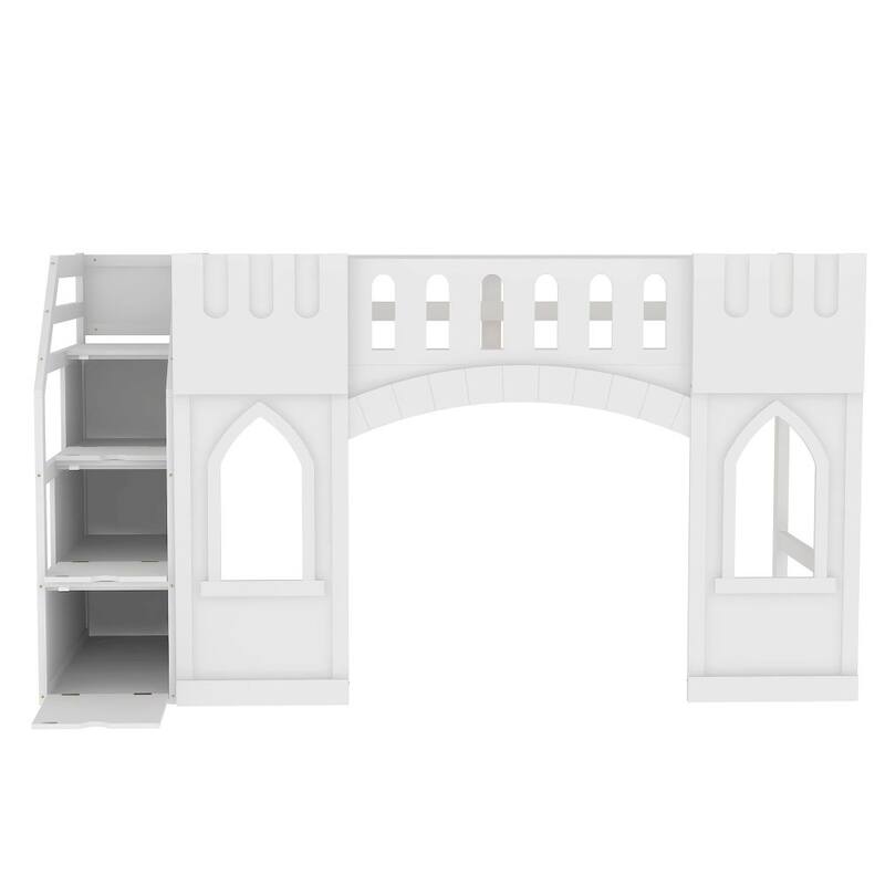 Twin Size Wood Loft Bed with Storage Staircase and Window