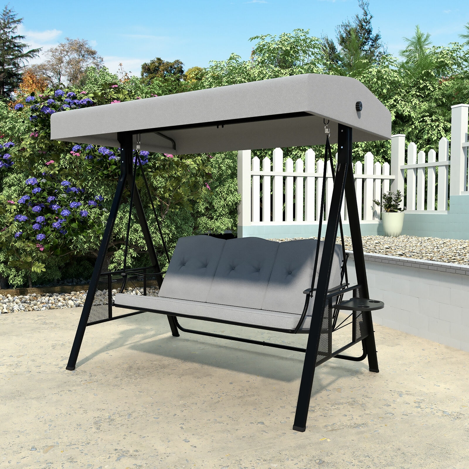 VEIKOUS 3 Seat Adjustable Converting Canopy Patio Swing Steel Lounge Chair with Attached Side Table and Cushions