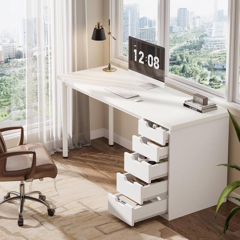 Modern Computer Desk with 5 Reversible Drawers, Storage Home Office Desk, PC/Laptop Desk, Study Writing Table Workstation