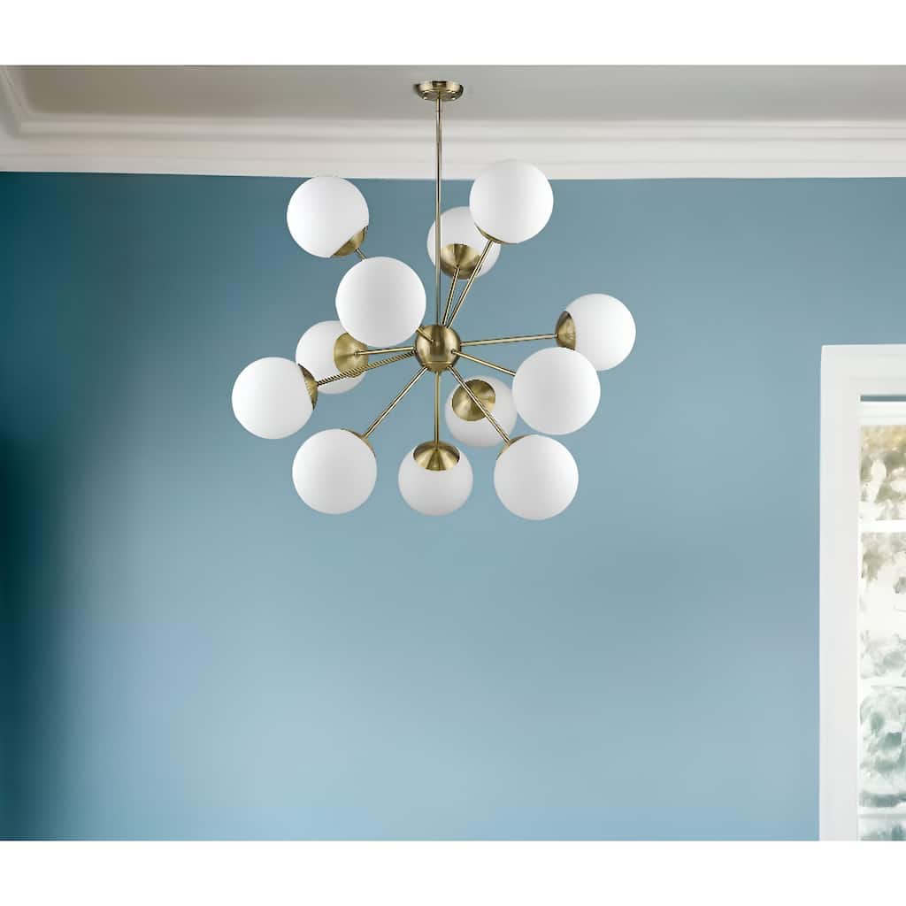 HomeRoots Brass Sputnik Twelve Light Frosted Metal Dimmable Chandelier With White Shades - 40' X '40' X '40