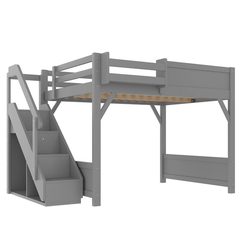 Full Size Loft Bed with Built-in Wardrobe and Storage Space, Solid Wood Loft Bed with Beside Shelves