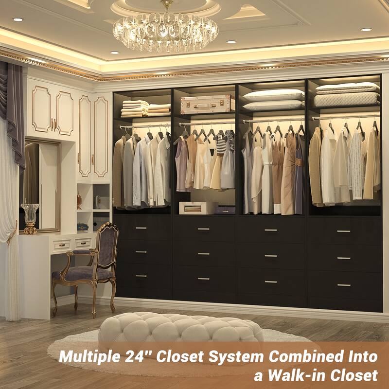 Kyrvo Freestanding Closet Sytem with 3 Wooden Drawers and Hanging Rod and Storage Shelf, Walk-in Closet Organizer Wardrobe