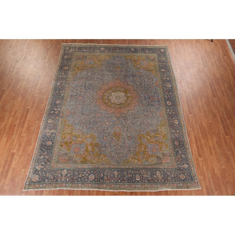 Distressed Tabriz Vintage Persian Area Rug Handmade Grey Wool Carpet - 9'10" x 12'10"