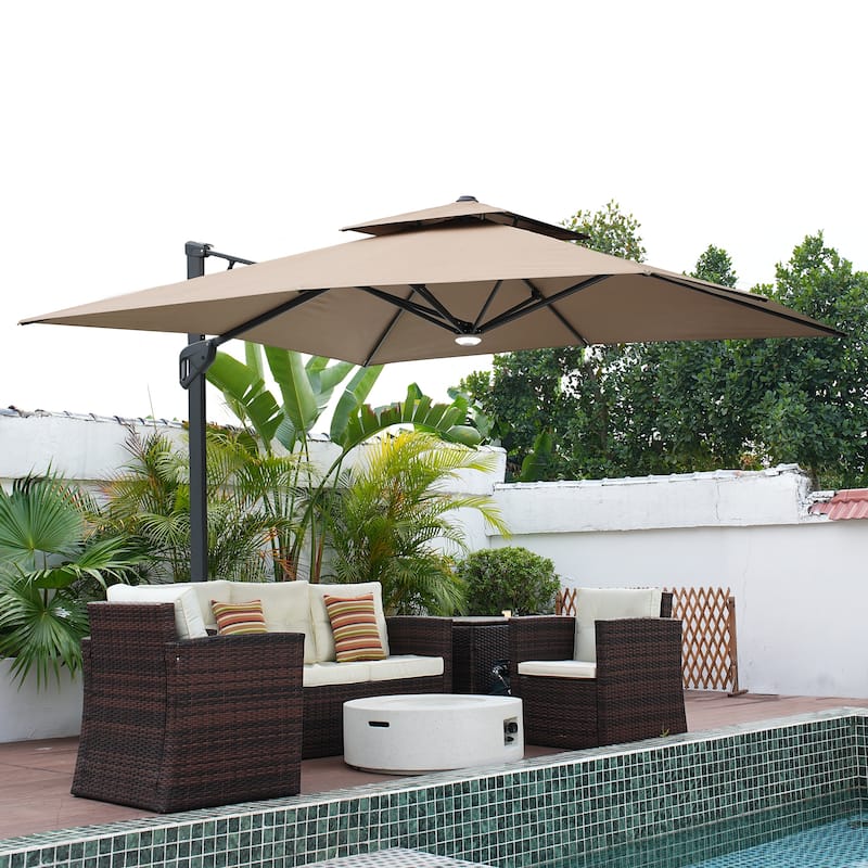 10FT Patio Cantilever Umbrella with Bluetooth Speaker & Lighting (Includes Base)