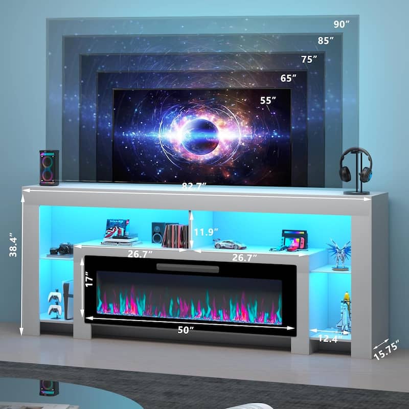 BOSSIN 82" Fireplace TV Stand with 50" Fireplace, Entertainment Center for TVs Up to 90", Console Cabinet With LED Light