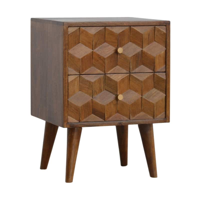 Artisan Furniture Solid Wood Chestnut Cube Carved Nightstand, Brown, 2 Drawers