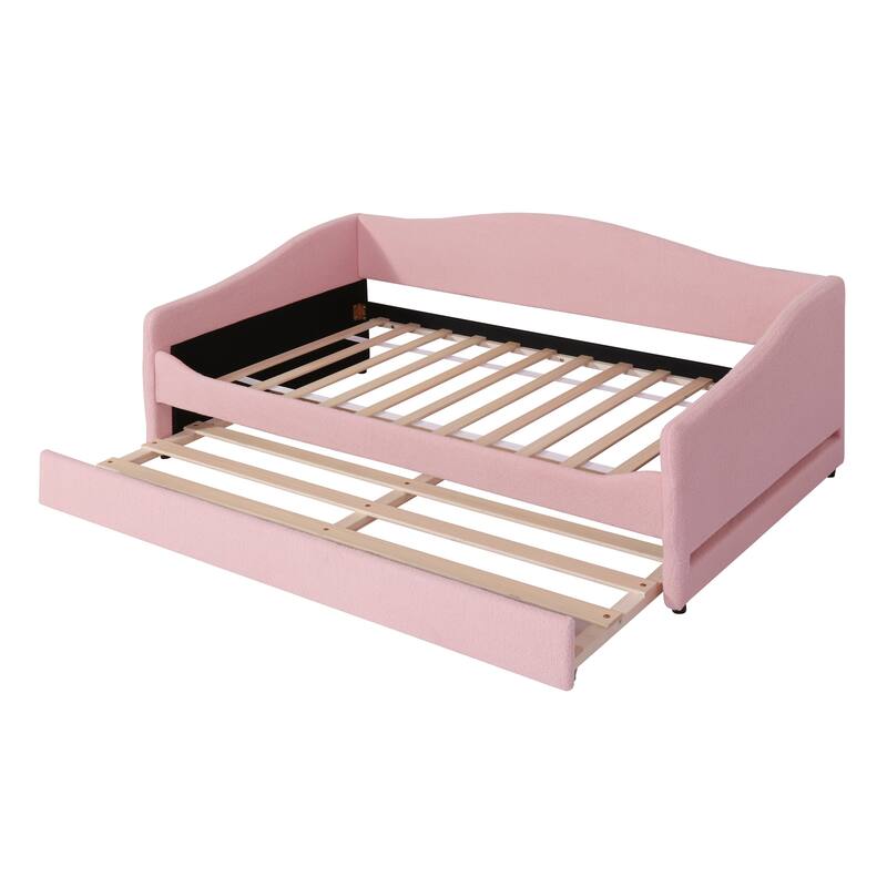Pink Twin Size Upholstered Daybed with Light Stripe Design and Trundle