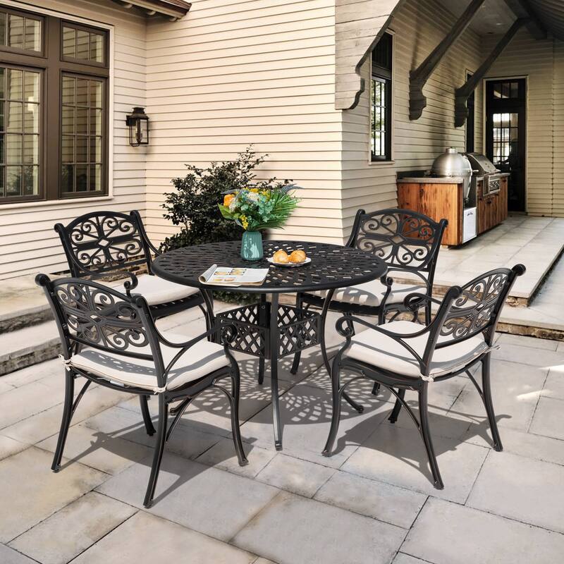Patio 5 Pieces Cast Aluminum Dining Set with Umbrella Hole and Cushions
