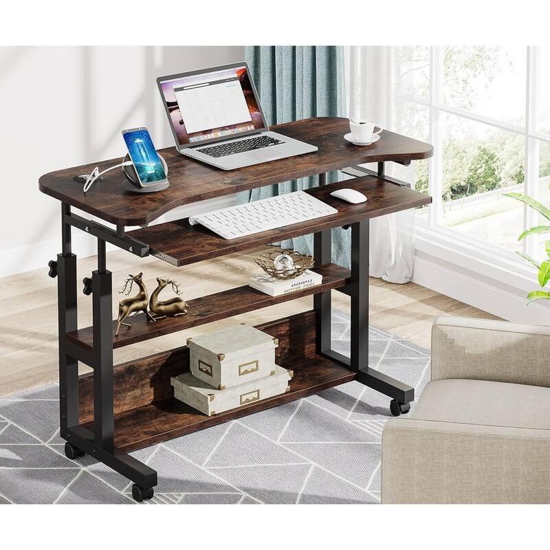 32" Portable Desk with Power Outlets, Height Adjustable Side Table, Rustic Brown.