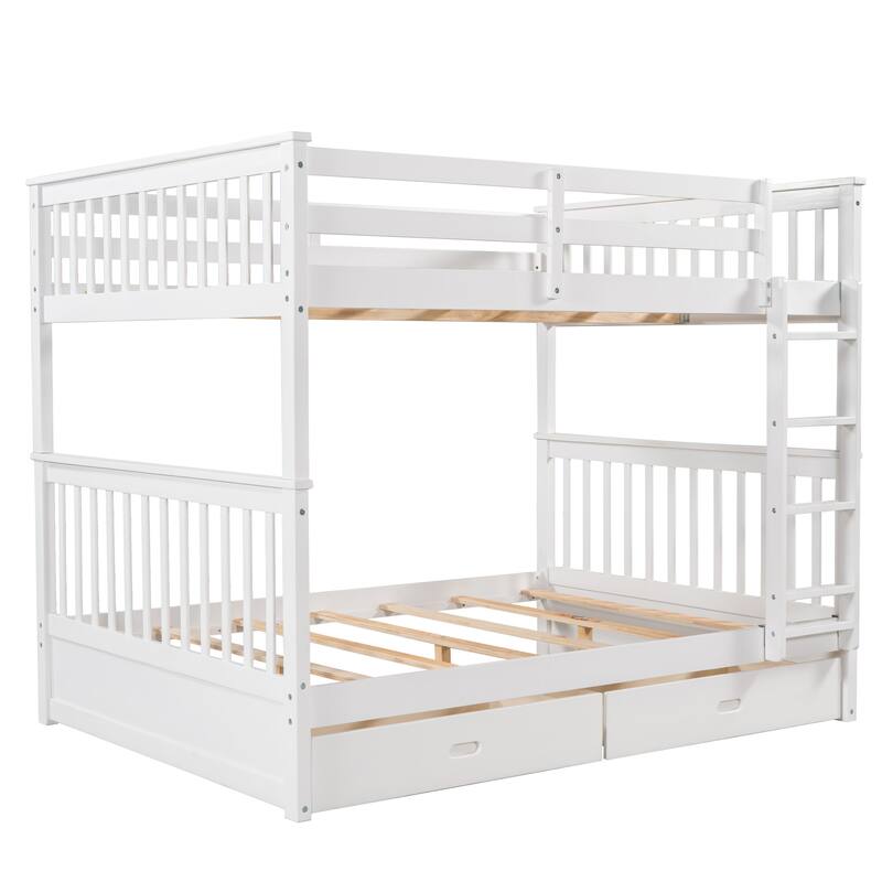 Full-Over-Full Bunk Bed with Ladders and Two Storage Drawers in White